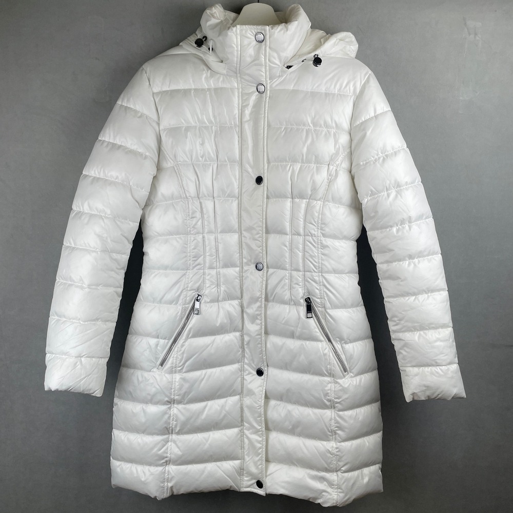 Guess Women White Quilted Winter Puffer Coat Detachable Hood Longline Ski Snow M